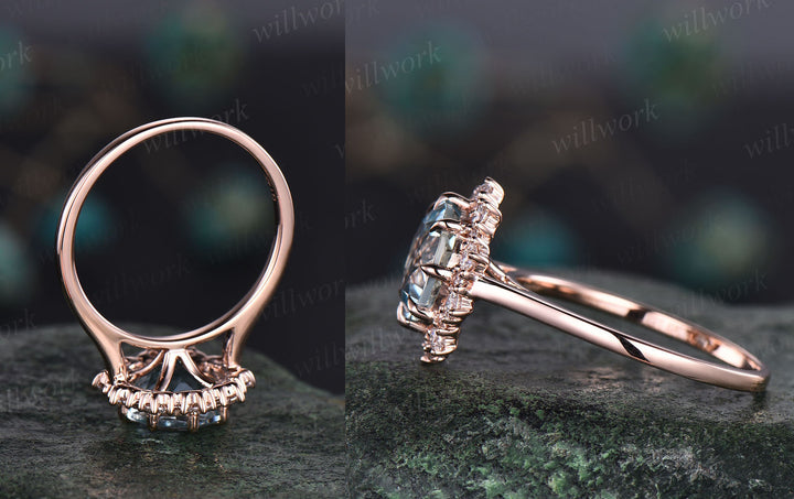 2ct Round aquamarine ring vintage aquamarine engagement ring 14k rose gold halo snowdrift moissanite unique wedding anniversary ring women