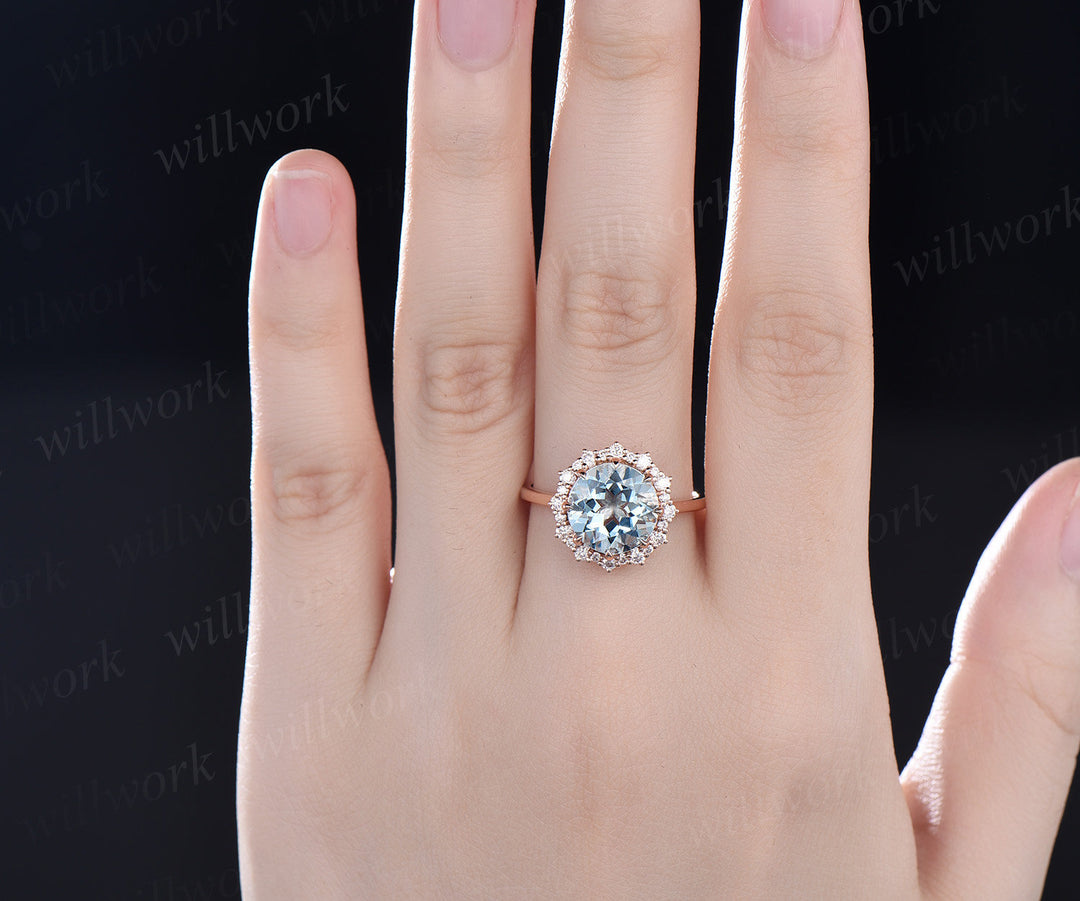 2ct Round aquamarine ring vintage aquamarine engagement ring 14k rose gold halo snowdrift moissanite unique wedding anniversary ring women