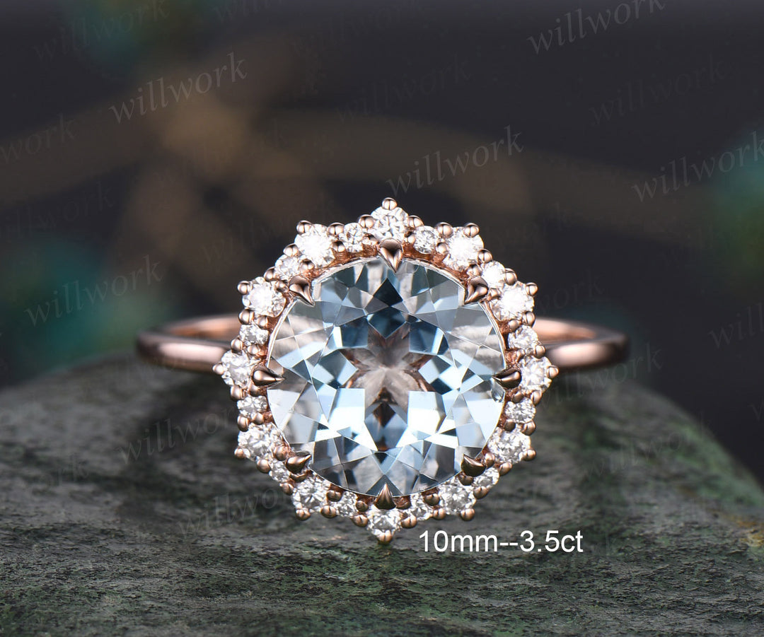 2ct Round aquamarine ring vintage aquamarine engagement ring 14k rose gold halo snowdrift moissanite unique wedding anniversary ring women