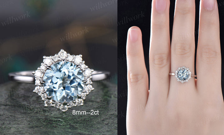 2ct Round aquamarine ring vintage aquamarine engagement ring 14k rose gold halo snowdrift moissanite unique wedding anniversary ring women