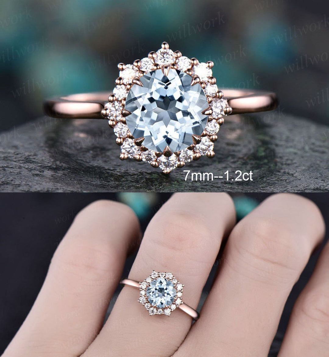 2ct Round aquamarine ring vintage aquamarine engagement ring 14k rose gold halo snowdrift moissanite unique wedding anniversary ring women