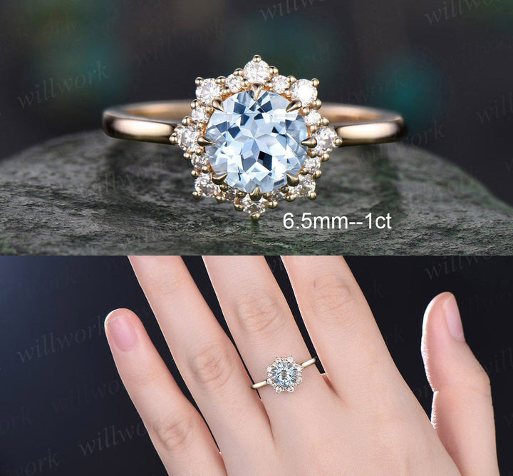 2ct Round aquamarine ring vintage aquamarine engagement ring 14k rose gold halo snowdrift moissanite unique wedding anniversary ring women