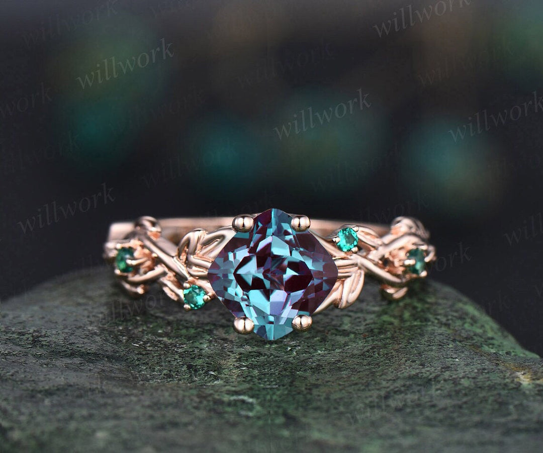 Twig cushion cut alexandrite engagement ring 14k white gold five stone emerald ring vintage retro gemstone leaf bridal wedding ring women