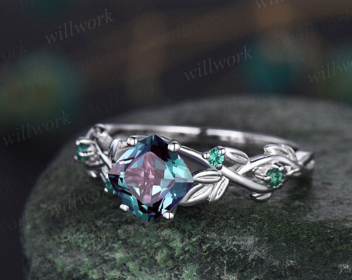 Twig cushion cut alexandrite engagement ring 14k white gold five stone emerald ring vintage retro gemstone leaf bridal wedding ring women