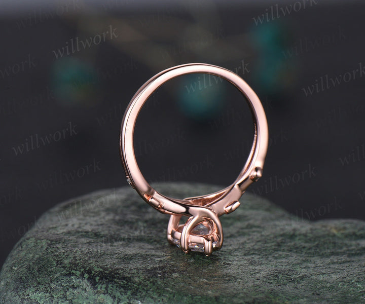 Vintage pear black rutilated quartz engagement ring rose gold twig leaf nature inspired unique diamond bridal wedding ring set women gift