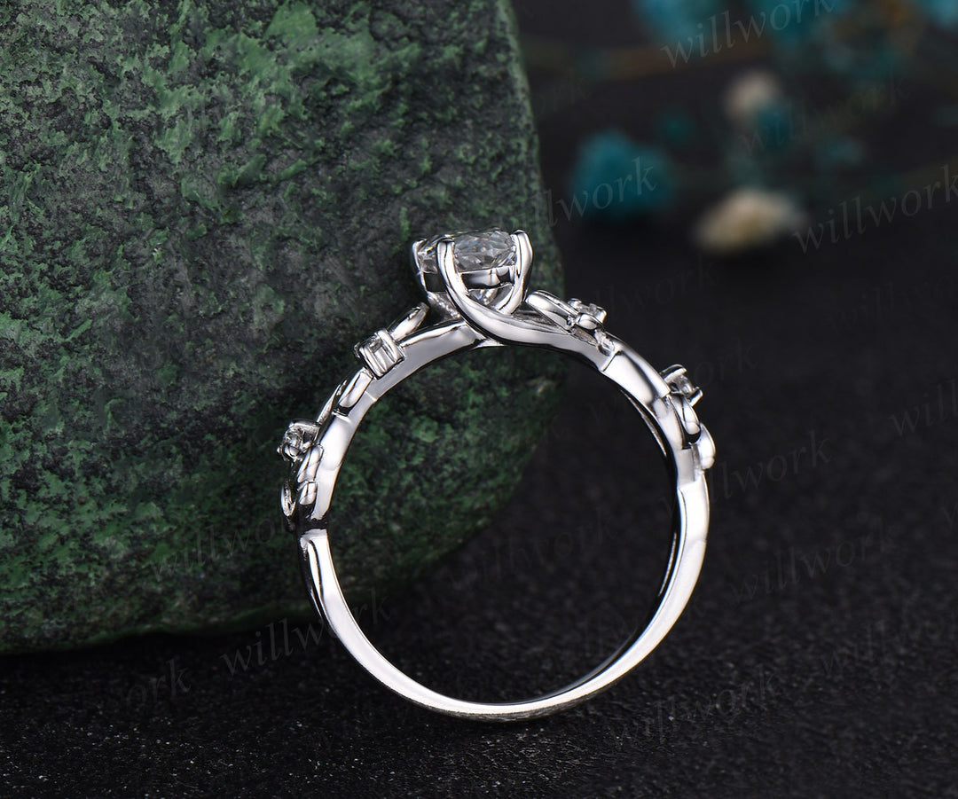 Vintage marquise cut moissanite engagement ring women twig leaf Nature inspired white gold ring branch diamond bridal ring set gift