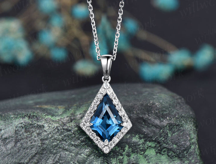 Vintage kite London blue topaz necklace solid 14k 18k yellow gold halo diamond pendant women dainty unique anniversary gift mother jewelry