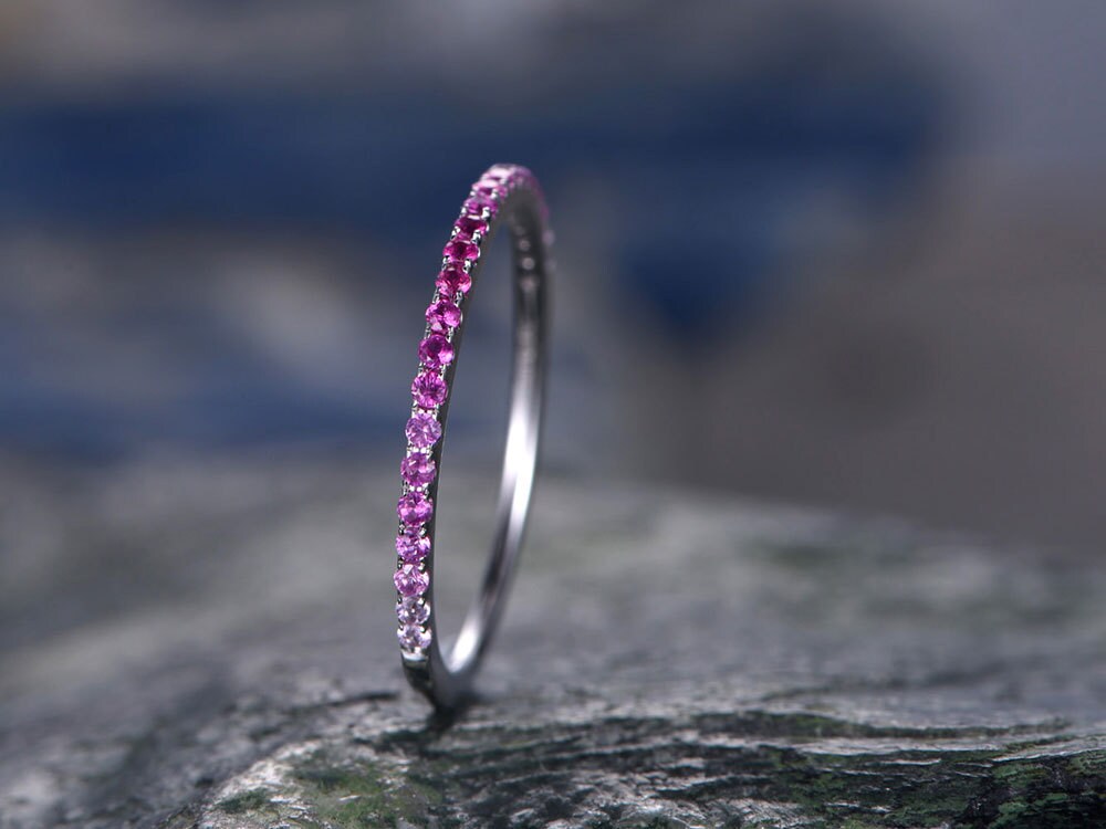 Pink Sapphire wedding ring-solid 14k white gold-handmade petite ring-half eternity- 1.2mm Matching band-tiny stones promise ring-best gift