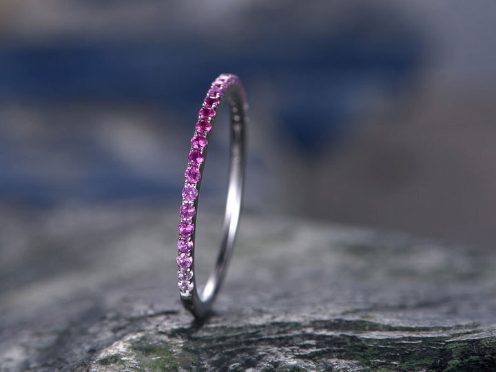 Pink Sapphire wedding ring-solid 14k white gold-handmade petite ring-half eternity- 1.2mm Matching band-tiny stones promise ring-best gift