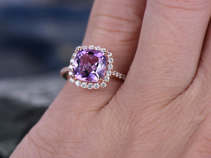 Purple Amethyst engagement ring-Solid 14k rose gold-handmade diamond ring-Halo stacking band-8x8mm Cushion cut gemstone promise ring