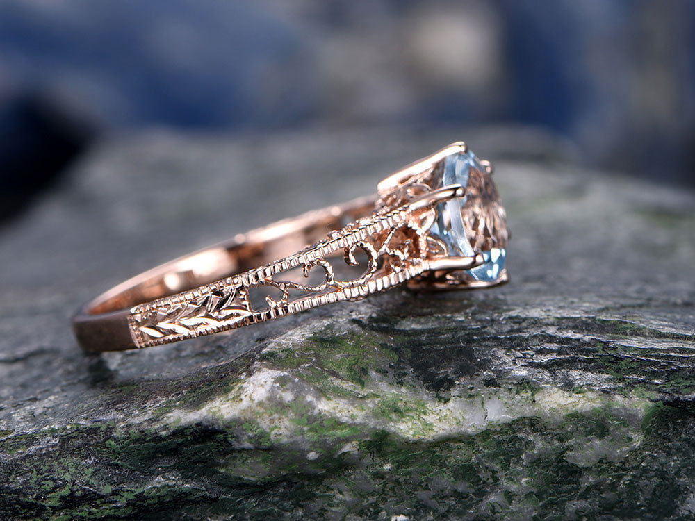 Blue Aquamarine engagement ring-Solid 14k Rose gold-handmade solitaire ring-Filigree ring-Round shape gemstone promise ring