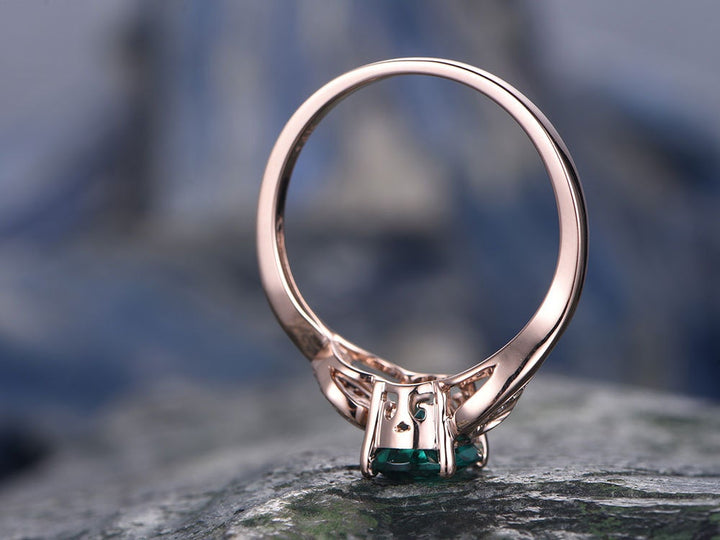 Oval green emerald engagement ring 14k rose gold handmade May birthstone diamond ring unique floral design gift wedding bridal antique ring