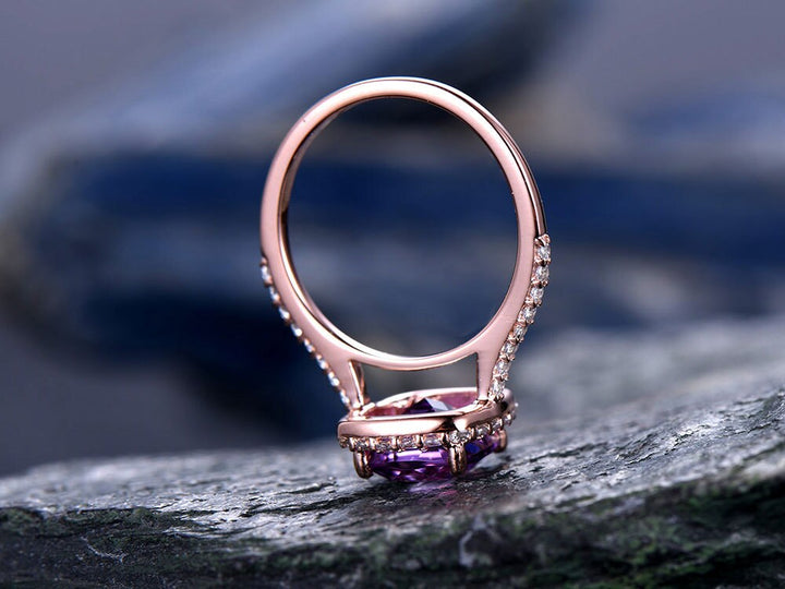 Purple Amethyst engagement ring-Solid 14k rose gold-handmade diamond ring-Halo stacking band-8x8mm Cushion cut gemstone promise ring