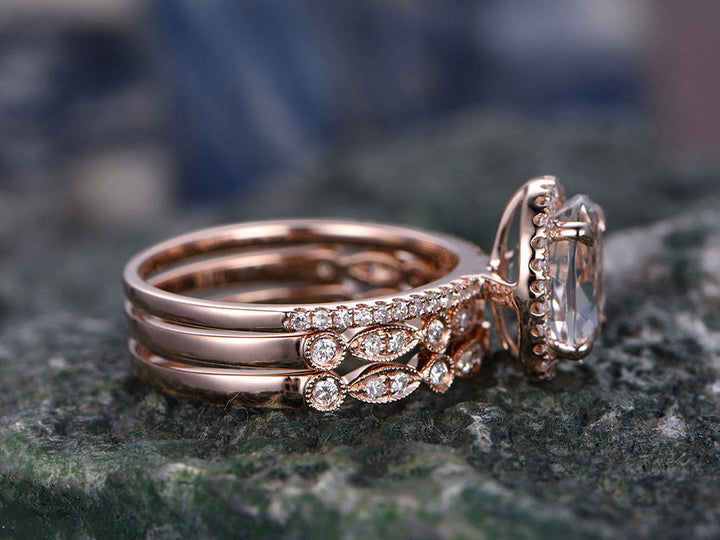 Morganite engagement ring set rose gold ring diamond halo oval 3pcs matching unique antique marquise wedding bridal promise ring set for her