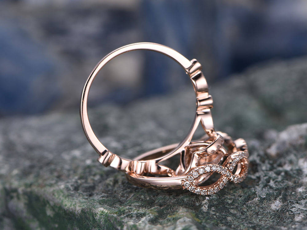 Morganite engagement ring-handmade Solid 14k Rose gold ring-Real Floral Diamond band-Heart shaped Cut gemstone promise ring-Bridal Ring set