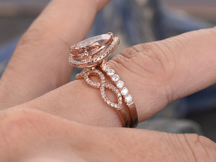 2pcs tear dropped morganite engagement ring set 14k rose gold matching band diamond halo big gift wedding bridal promise ring set for her