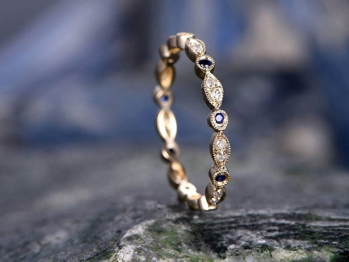 Blue Sapphire wedding ring-solid 14k Yellow gold-handmade petite diamond ring-Full eternity- Matching band-tiny stones Bezel Mircro Pave