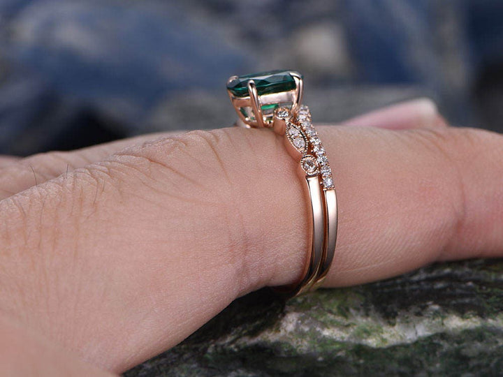 Emerald engagement ring set solid 14k rose gold diamond ring 2pcs oval matching antique marquise wedding bridal promise ring set for her