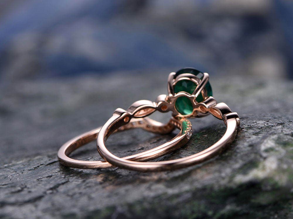 Emerald engagement ring set solid 14k rose gold diamond ring 2pcs oval matching antique marquise wedding bridal promise ring set for her
