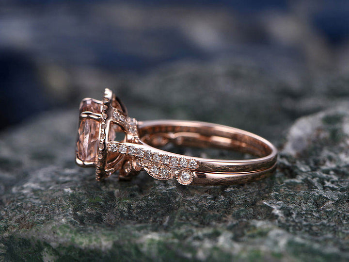 Morganite engagement ring- Solid 14k Rose gold ring-Real Diamond Ring-8mm Round gemstone promise ring-2pcs Bridal Ring set-halo wedding band