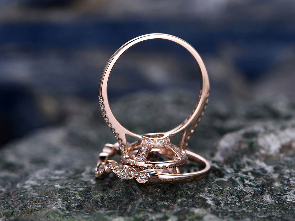 Morganite engagement ring- Solid 14k Rose gold ring-Real Diamond Ring-8mm Round gemstone promise ring-2pcs Bridal Ring set-halo wedding band