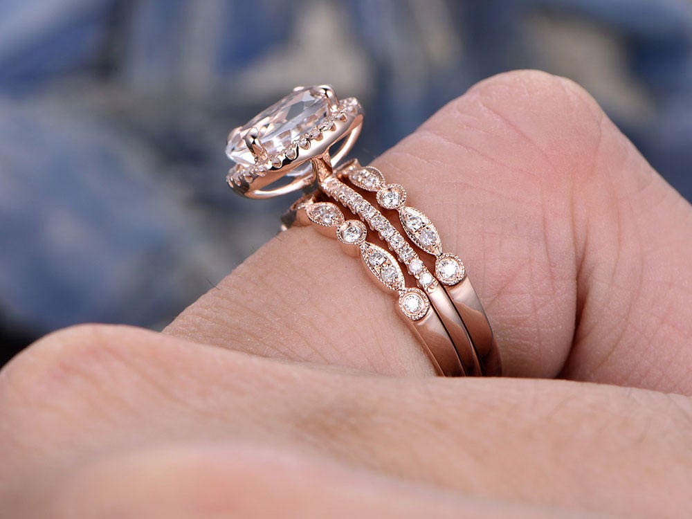 Morganite engagement ring set rose gold ring diamond halo oval 3pcs matching unique antique marquise wedding bridal promise ring set for her