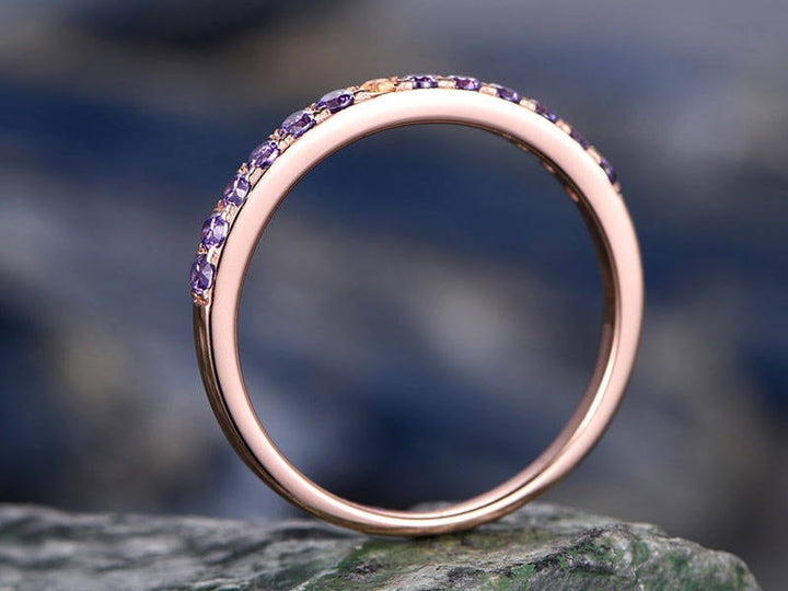 Natural 2mm Round Amethyst wedding ring with center Citrine-solid 14k Rose gold-handmade unique ring-halfeternity-Matching band-Birthstone