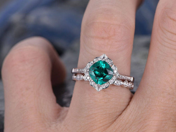 Green emerald engagement ring set yellow gold 2pc flower diamond halo full eternity matching art deco wedding May birthstone bridal ring set