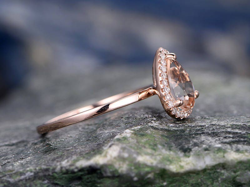 Pink morganite engagement ring solid 14k rose gold ring real diamond halo ring pear antique unique gift bridal wedding promise ring for her