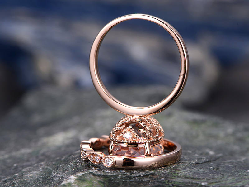 11x14mm pink morganite engagement ring handmade solid 14k rose gold wedding ring real marquise diamond band promise ring 2pc bridal ring set