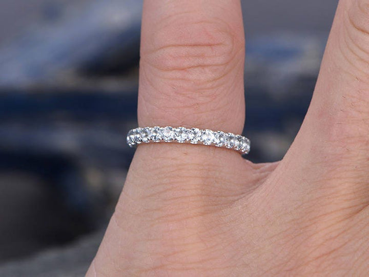 Natural Aquamarine engagement ring-Solid 14k white gold wedding band-half eternity stacking matching band-Round gemstone promise ring