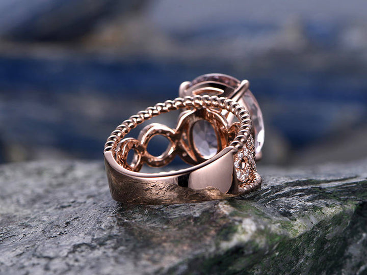 10x12mm Big Oval Morganite engagement ring- Solid 14k Rose gold  anniversary ring-Solitaire Stacking band- art deco floral promise ring