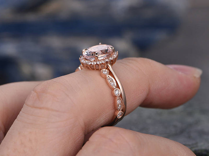 Morganite engagement ring set solid 14k rose gold ring real diamond ring unique oval flower open gap wedding promise ring bridal ring set
