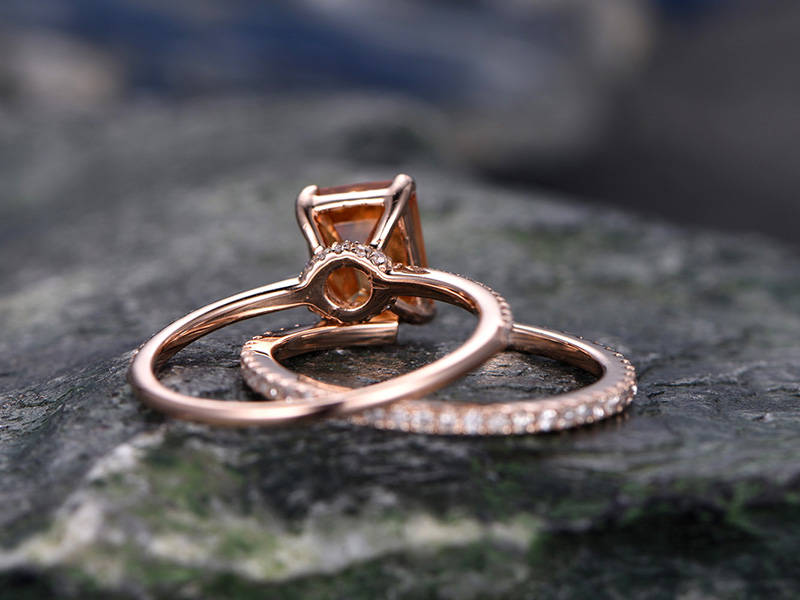 Citrine engagement ring set-Solid 14k rose gold-handmade Diamond Wedding ring-2PC Stacking ring-6x8mm emerald cut gemstone-yellow birthstone