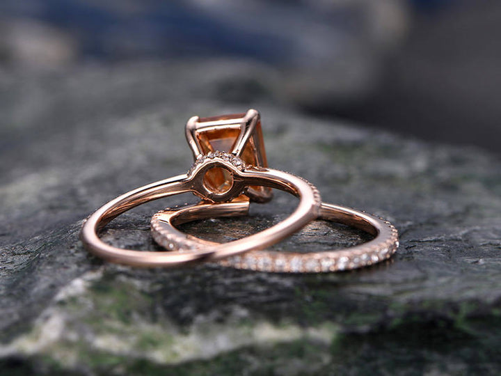 Citrine engagement ring set-Solid 14k rose gold-handmade Diamond Wedding ring-2PC Stacking ring-6x8mm emerald cut gemstone-yellow birthstone