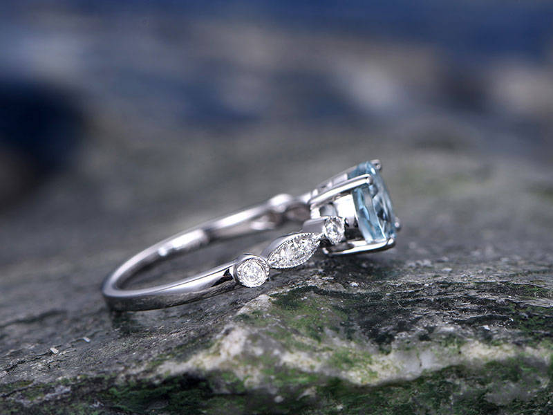 Blue aquamarine engagement ring solid 14k white gold handmade real diamond ring round art deco gift anniversary wedding bridal promise ring