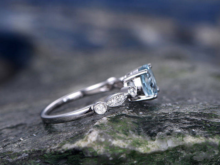Blue aquamarine engagement ring solid 14k white gold handmade real diamond ring round art deco gift anniversary wedding bridal promise ring