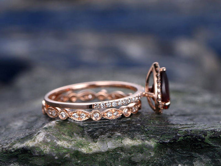 Red Garnet engagement ring-Solid 14k rose gold- Diamond Bridal ring Set-Stacking band-6x8mm Pear shaped cut gemstone promise ring for her
