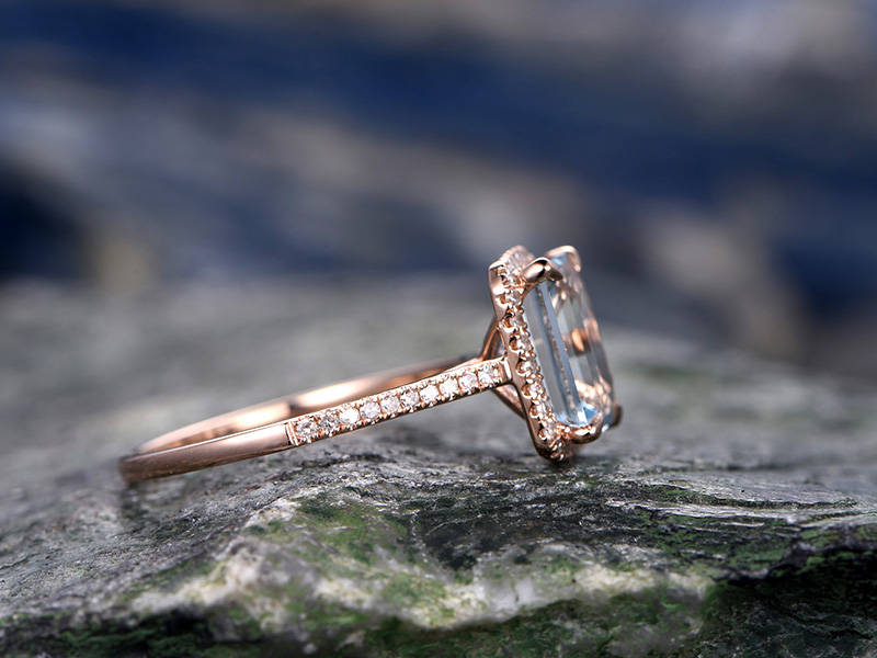 Emerald cut aquamarine engagement ring solid 14k rose gold custom half eternity diamond ring 6x8mm gemstone promise ring for her Antique