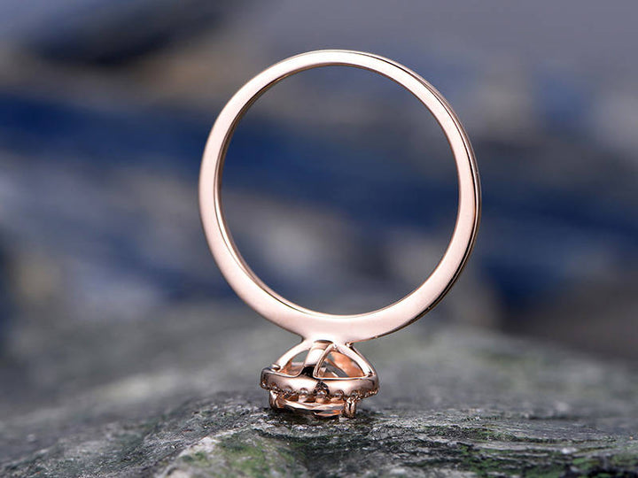 Pink morganite engagement ring solid 14k rose gold ring real diamond halo ring pear antique unique gift bridal wedding promise ring for her