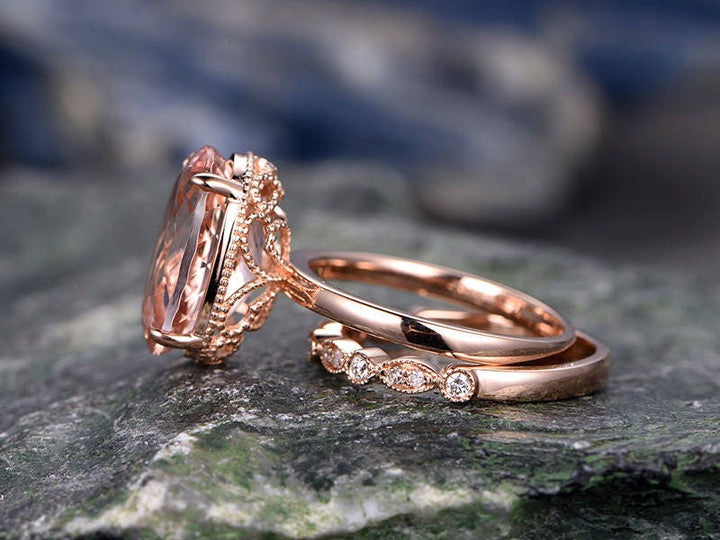 11x14mm pink morganite engagement ring handmade solid 14k rose gold wedding ring real marquise diamond band promise ring 2pc bridal ring set