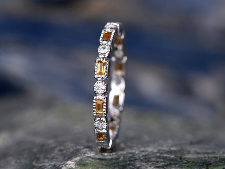 Natural Citrine wedding ring-solid 14k white gold-handmade unique ring-full eternity emerald cut cirtrine Matching band-diamond promise ring
