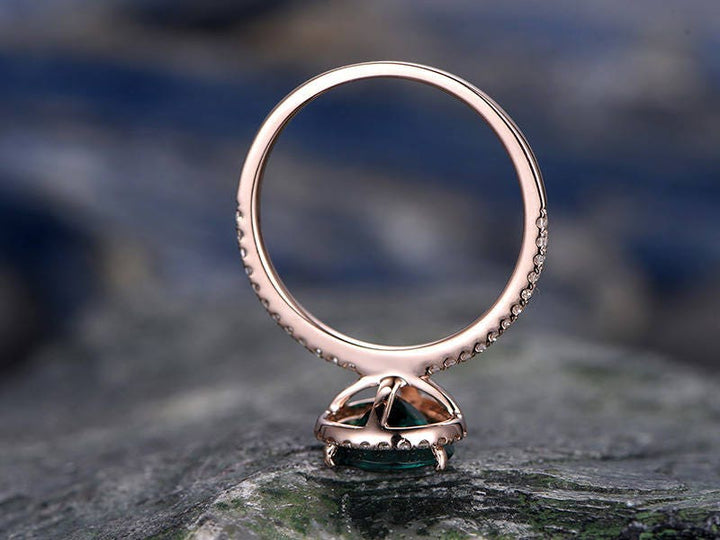 Emerald wedding ring 7x9mm pear cut emerald engagement ring rose gold handmade diamond halo ring may birthstone bridal promise ring for her