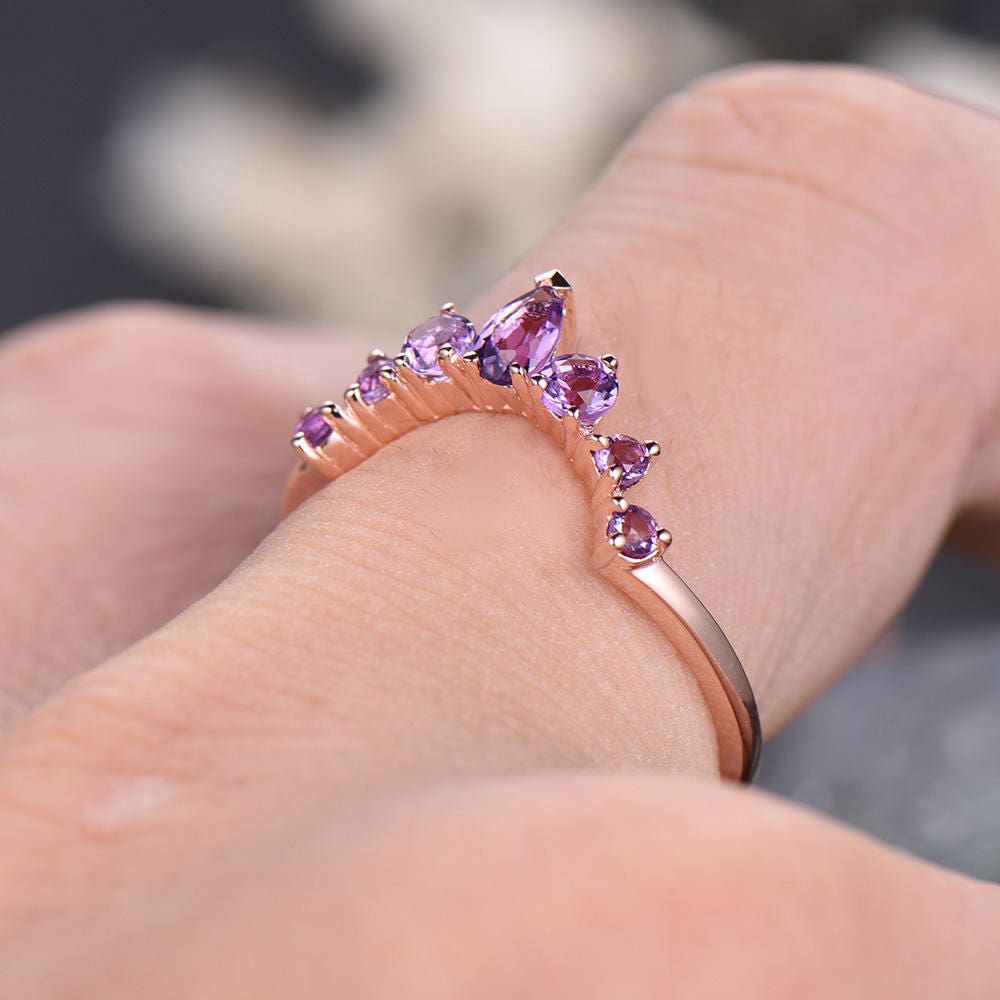 Natural amethyst wedding ring band 14k rose gold unique half eternity vintage petite curved crown matching promise engagement bridal ring