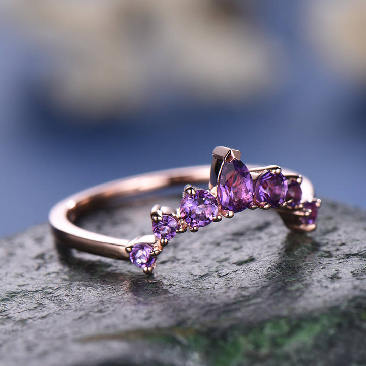 Natural amethyst wedding ring band 14k rose gold unique half eternity vintage petite curved crown matching promise engagement bridal ring
