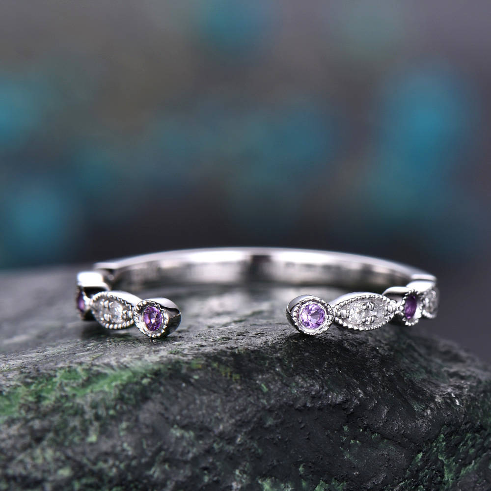 Amethyst diamond wedding ring band 14k white gold amethyst ring gold real diamond stacking half eternity open gap art deco ring band Migrain