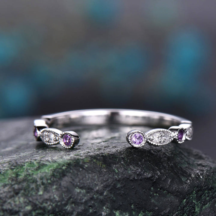 Amethyst diamond wedding ring band 14k white gold amethyst ring gold real diamond stacking half eternity open gap art deco ring band Migrain