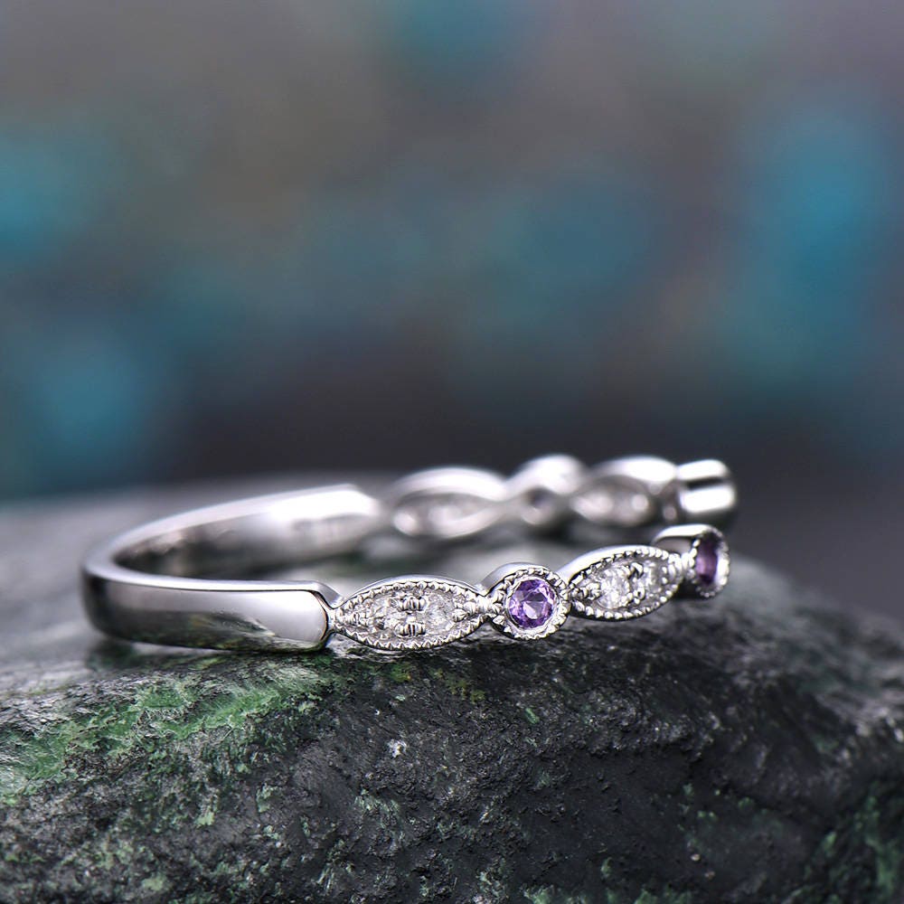 Amethyst diamond wedding ring band 14k white gold amethyst ring gold real diamond stacking half eternity open gap art deco ring band Migrain