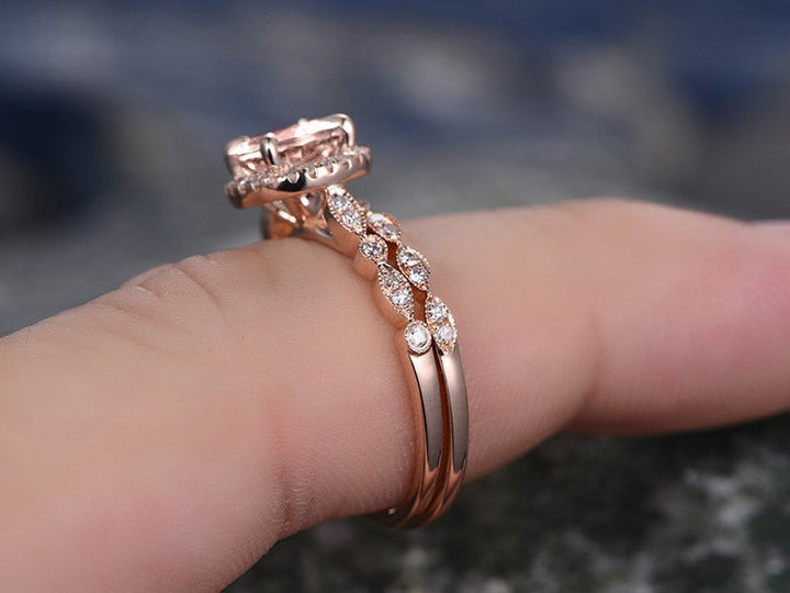 Morganite engagement ring set solid 14k rose gold handmade diamond halo ring 2pc stacking round marquise wedding promise anniversary ring
