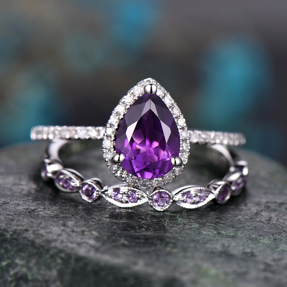 Amethyst engagement ring solid 14k White rose gold pear cut engagement ring amethyst wedding ring 2pc bridal set birthstone anniversary gift